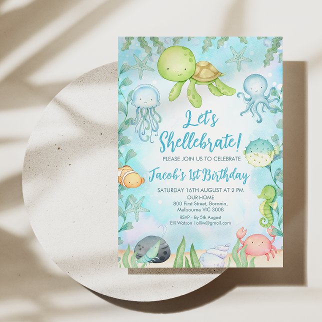 Convite Tartaruga-do-mar-de-abóbora sob o aniversário do m (Let's Shellebrate 1st Birthday Invitation Template, Under the Sea Birthday Invitation Boy, Turtle)