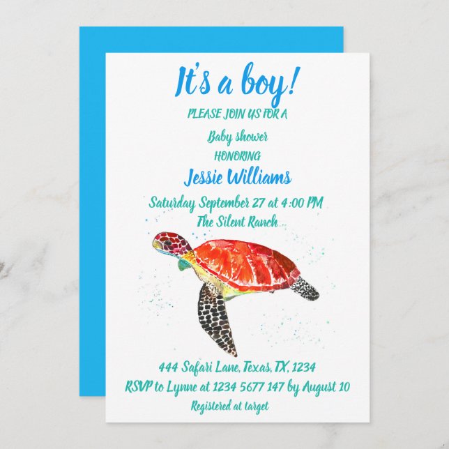 Convite Tartaruga-do-mar sob o mar Oceano Azul Menino (Frente/Verso)