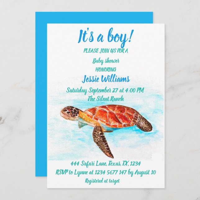 Convite Tartaruga-do-mar sob o mar Oceano Azul Menino (Frente/Verso)