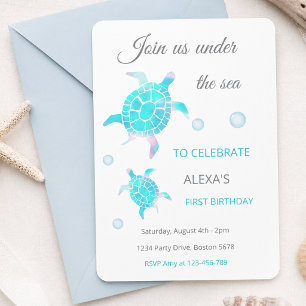 Convite Tartaruga Sob a Água Aquarela 1º Aniversário