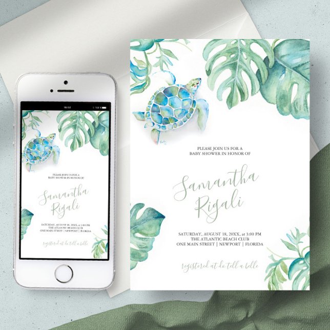 Convite Tartaruga Tropical Monstera Deixa Chá de fraldas (Tropical baby shower invitation sea turtle virtual digital download art by Victoria Grigaliunas)