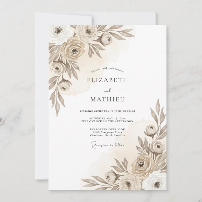 Convite Taupe Artistic Floral Romance Wedding (Frente)