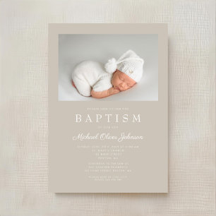 Convite Taupe Beige Modern Photo Baptism