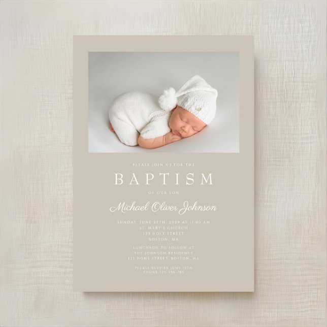 Convite Taupe Beige Modern Photo Baptism (Taupe Beige Modern Photo Baptism Invitation)