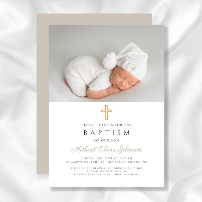 Convite Taupe Beige Modern Religião Foto Baptismo (Taupe Beige Modern Religious Cross Photo Baptism Invitation)