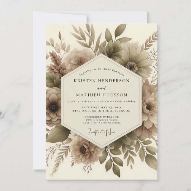 Convite Taupe Botanical Autumn Romance Wedding (Frente)
