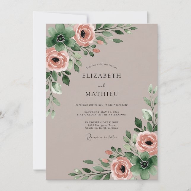 Convite Taupe Exquisite Watercolor Wedding (Frente)