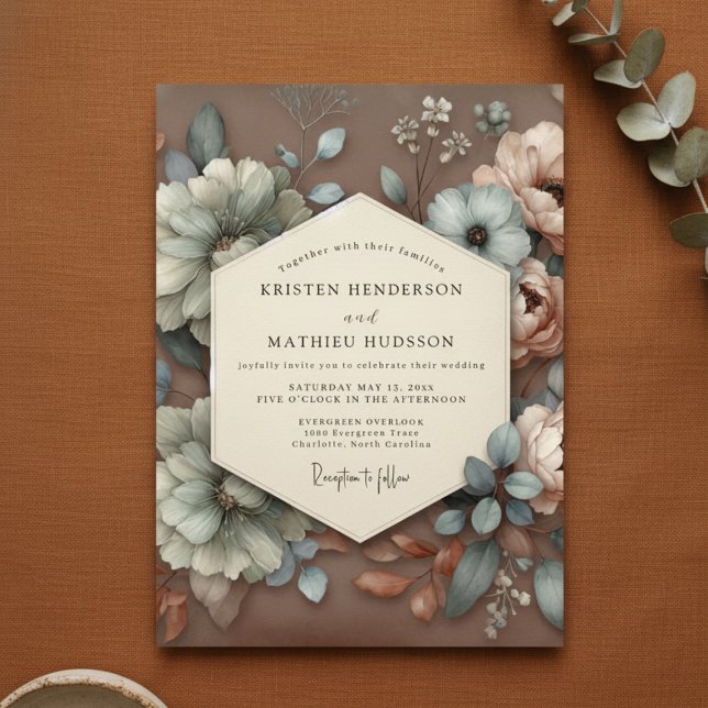 Convite Taupe Floral Bloom Wedding (Criador carregado)