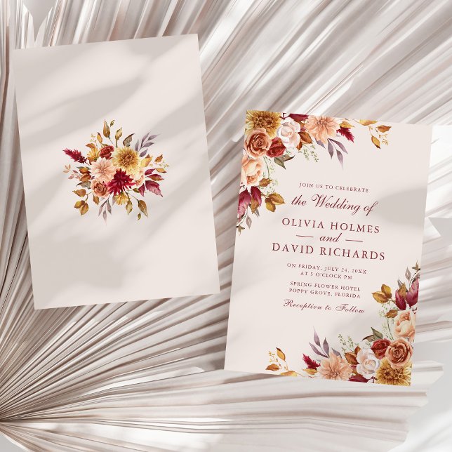 Convite Taupe Floral Casamento Elegante Neutro Boho (Boho Modern Burnt Orange Terracotta Floral Wedding on a sunny white dry palm leaf.)