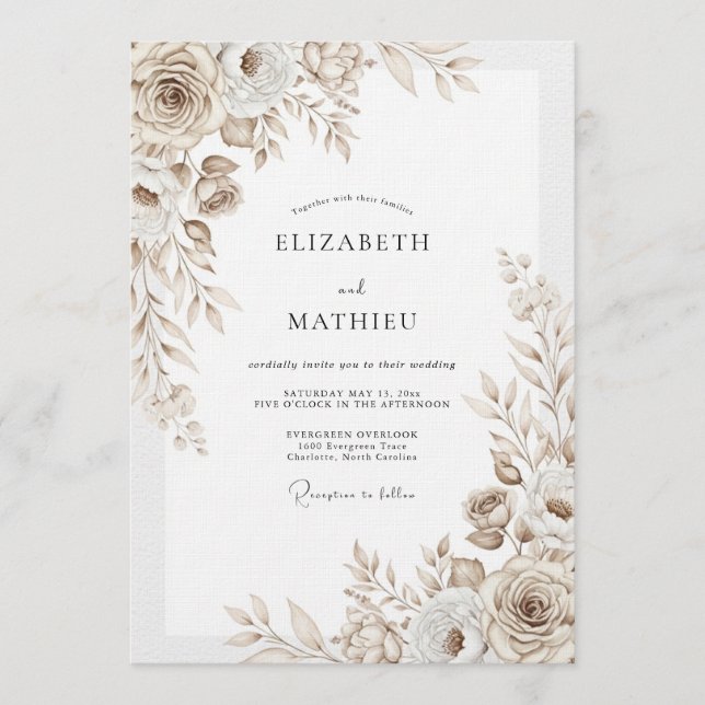 Convite Taupe Floral Flourish Wedding (Frente)