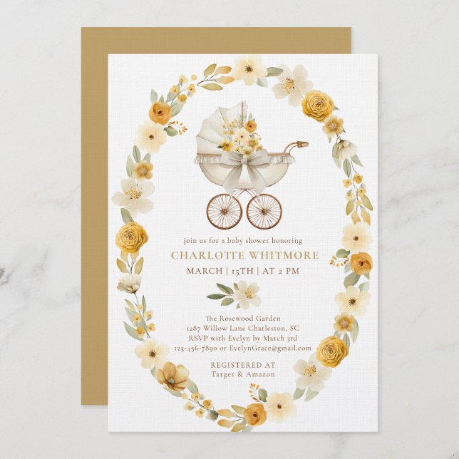 Convite Taupe Floral Pram Baby Shower Invite (Frente/Verso)