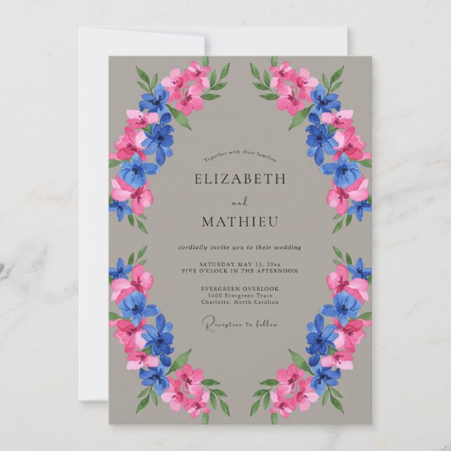 Convite Taupe Fuchsia Azul Pintado Casamento (Frente)