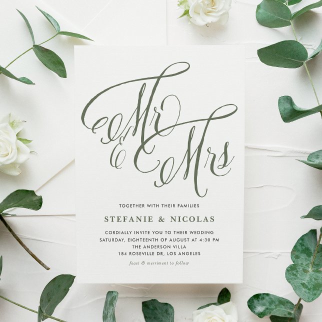 Convite Taupe Green Sra. e Sra. Rustic Script Wedding (Taupe Green Mrs. and Mrs. Rustic Calligraphy Wedding Invitation)