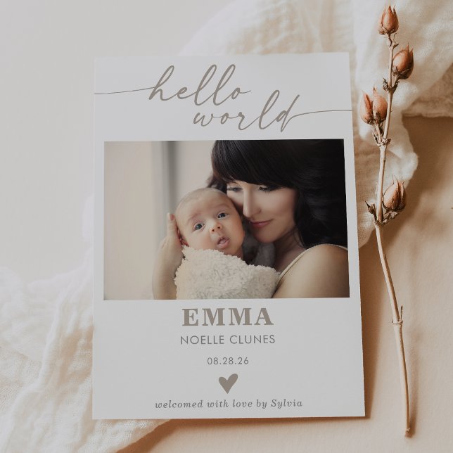Convite Taupe Hello World Photo Baby Announcement Card (Criador carregado)