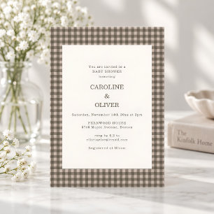 Convite Taupe Marrom Xadrez Gingham Plaid Chá de Bebê Casa