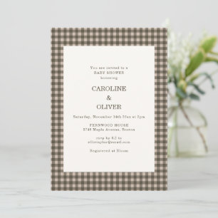 Convite Taupe Marrom Xadrez Gingham Plaid Chá de Bebê Casa
