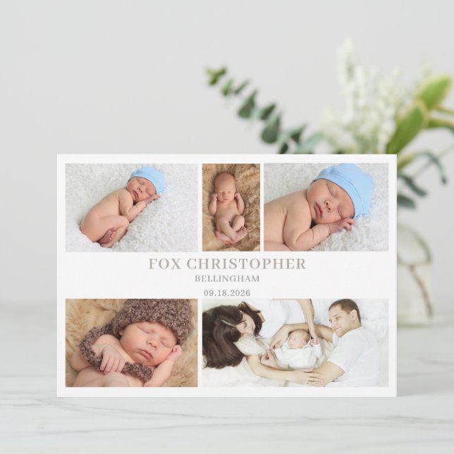 Convite Taupe Minimal Photo Collage Baby Announcement Card (Em pé/Frente)