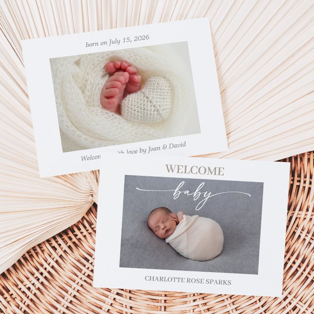 Convite Taupe Minimal Welcome Baby Photo Announcement Card (Criador carregado)