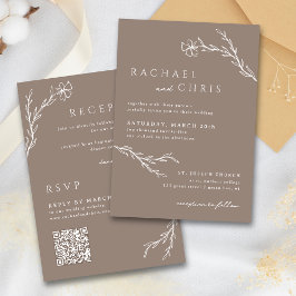 Convite Taupe Mocha Simple Boho Floral Código QR Botânico
