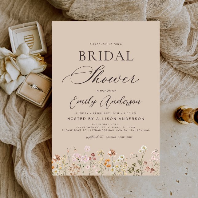 Convite Taupe Neutral Boho Wildflower Chá de panela (Criador carregado)