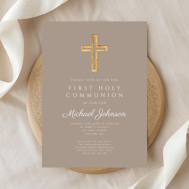 Convite Taupe Religious Cross Boy First Holy Communion (Taupe Religious Cross Boy First Holy Communion Invitation)
