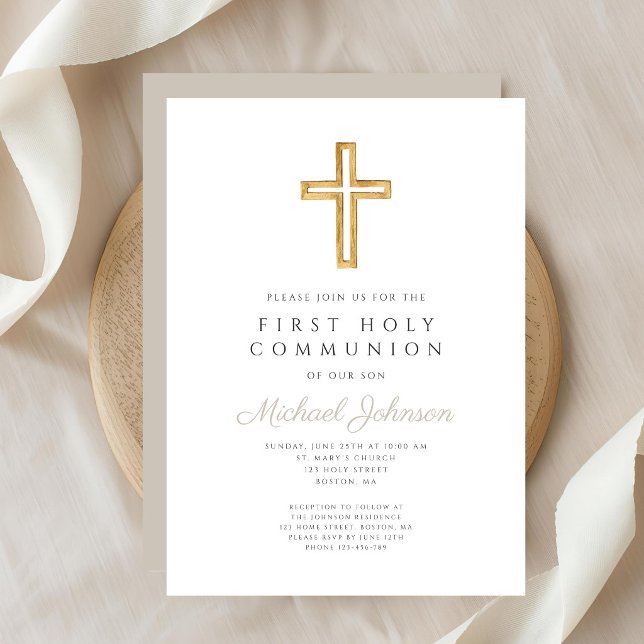 Convite Taupe Script Religious Cross Boy First Communion (Taupe Script Religious Cross Boy First Communion Invitation)