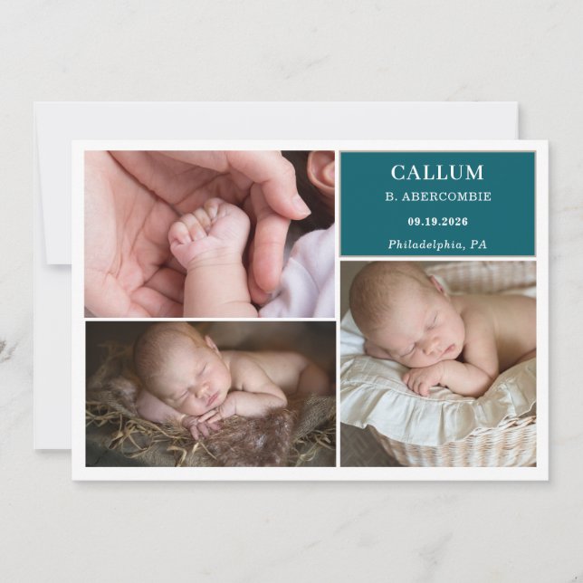 Convite Taupe Teal Baby Photo Collage Announcement Card (Frente)