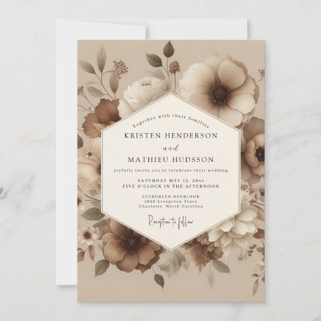Convite Taupe Washed Floral Wedding (Frente)