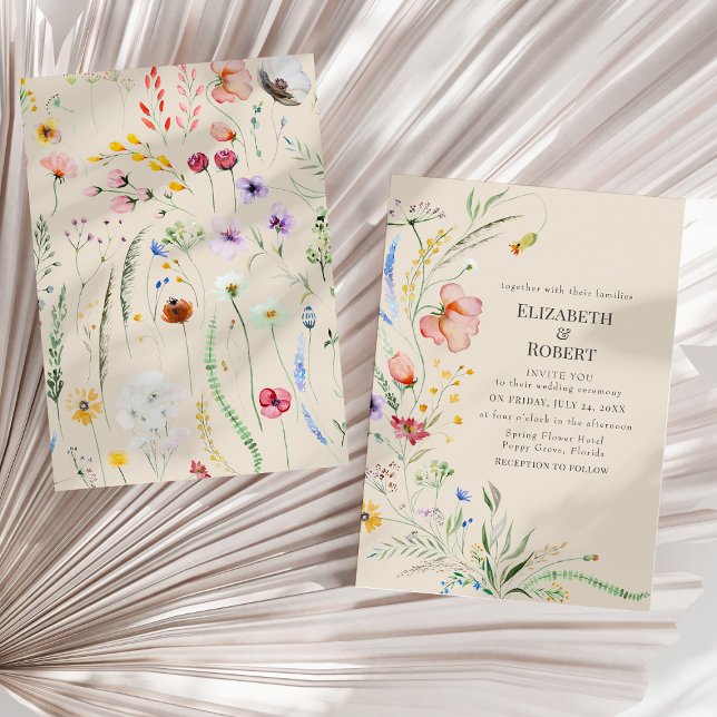 Convite Taupe Watercolor Wildflower Weditation (Taupe Watercolor Wildflower Wedding Invitation on a sunny neutral dry palm leaf.)
