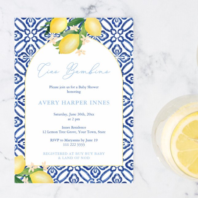 Convite Tchau Bebê Limões Arco Menino Festa de Bebê (Ciao Bambino Italian inspired lemons baby shower invitation to welcome a little boy. )