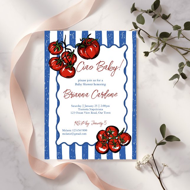 Convite Tchau bebê tomate azul listras Italiano chá de beb (Ciao baby hand drawn tomatoes blue stripes Italian baby shower Invitation cards template)