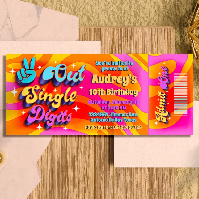 Convite Tchau, Dígitos Simples Estou com 10 Ingressos (Peace Out Single Digits - Groovy Retro 10th Birthday Ticket Invitation )