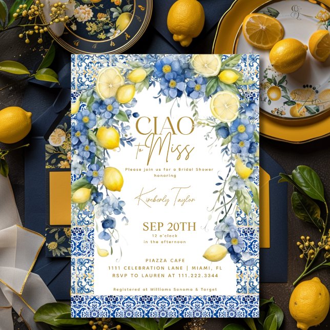 Convite Tchau Miss Itália Azulejo Azul Limão (Ciao To Miss Italy Lemon Blue Tiles Bridal Shower Invitation)