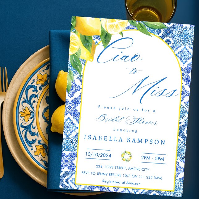Convite Tchau Miss Lemon Blue Azulejos Itália Chá de panel (Ciao to Miss Lemon Blue Tiles Italy Bridal Shower Invitation)