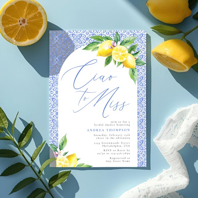 Convite Tchau para o Miss Lemon Italian Blue Tile Chá de N (Criador carregado)