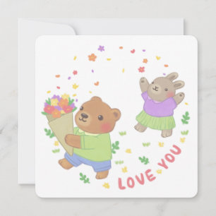 Convite Te Amo: Urso de Teddy & Coelhinho com Flores