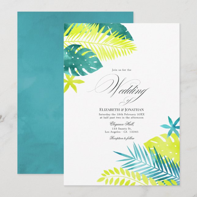 Convite Té verde - Casamento Tropical Turquesa e Limão (Frente/Verso)
