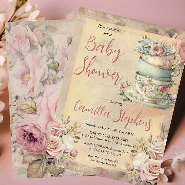 Convite Tea-Chá de fraldas-Rosa-Rosa-Rosa-Elegante (Elegant Pink Floral Tea Cups Girl Baby Shower Tea Invitation)