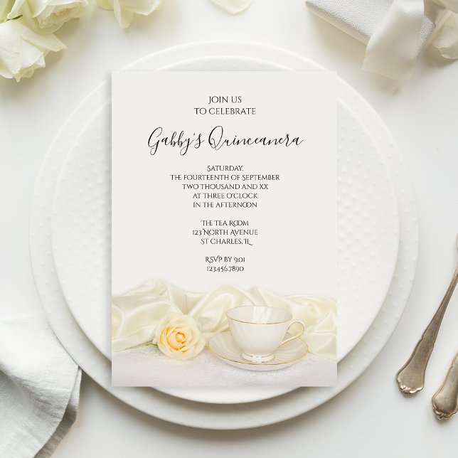 Convite Tea Cup e Rose Quinceanera Party Brancos (Criador carregado)
