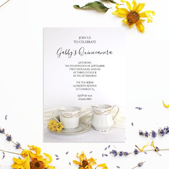 Convite Tea Cup e Yellow Daisies Quinceanera Party (Criador carregado)