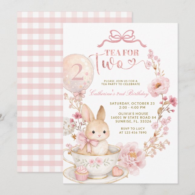 Convite Tea for Two 2nd Birthday Bunny Spring Pink  (Frente/Verso)