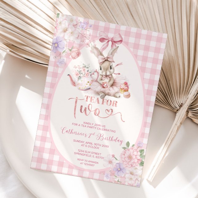 Convite Tea For Two Easter Bunny Pink Gingham 2nd Birthday (Criador carregado)