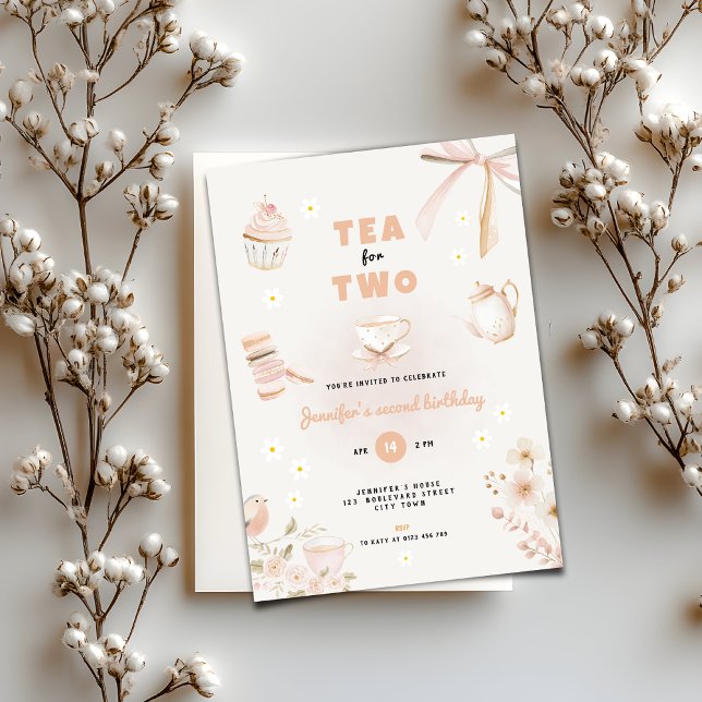 Convite Tea for Two Pastel Birthday Invitation for Girls (Tea for Two birthday invitation for girls)
