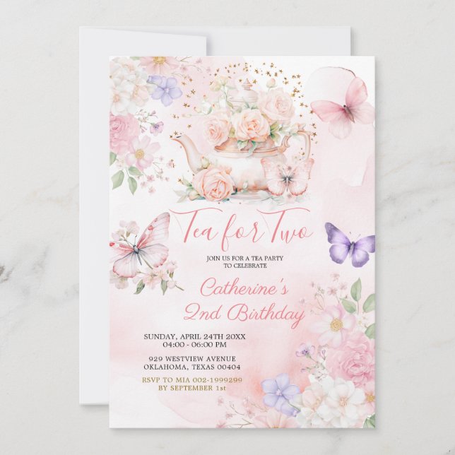 Convite Tea For Two Pink Purple Tea Party Butterfly  (Frente)