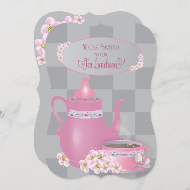 Convite Tea Luncheon, Teapot & Teacup Ladras, Rosa E Cinza (Frente/Verso)
