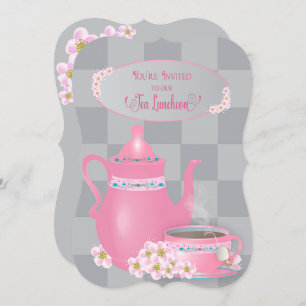 Convite Tea Luncheon, Teapot & Teacup Ladras, Rosa E Cinza