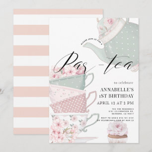 Convite Tea Par Chá Chá Chá Floral primeiro aniversario