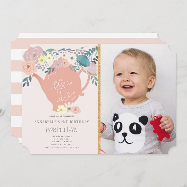 Convite Tea para Dois segundo aniversário de Foto Floral T (Frente/Verso)