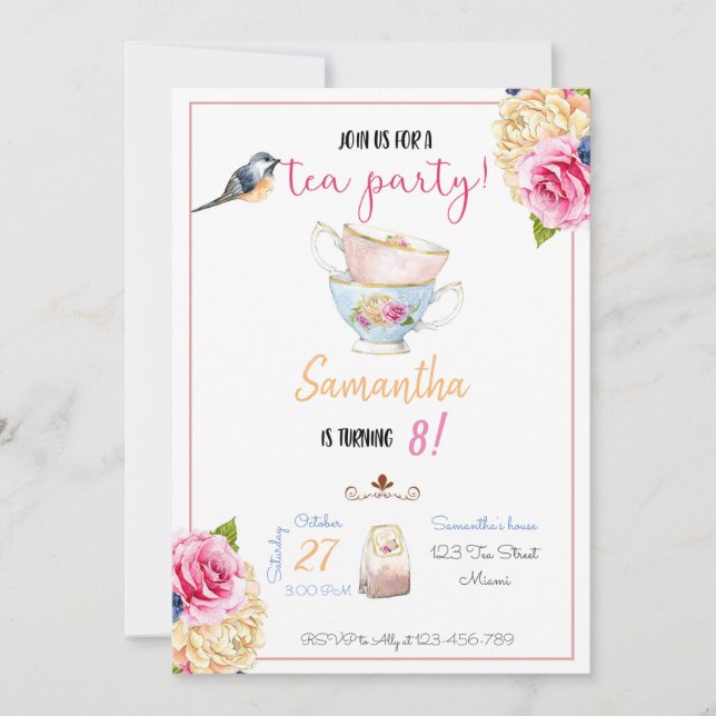 Convite Tea Party Birthday Invitation, Tea Invitation (Frente)