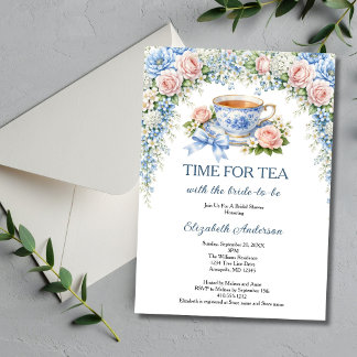 Convite Tea Party Bridal Shower, Pink Blue Garden Florals